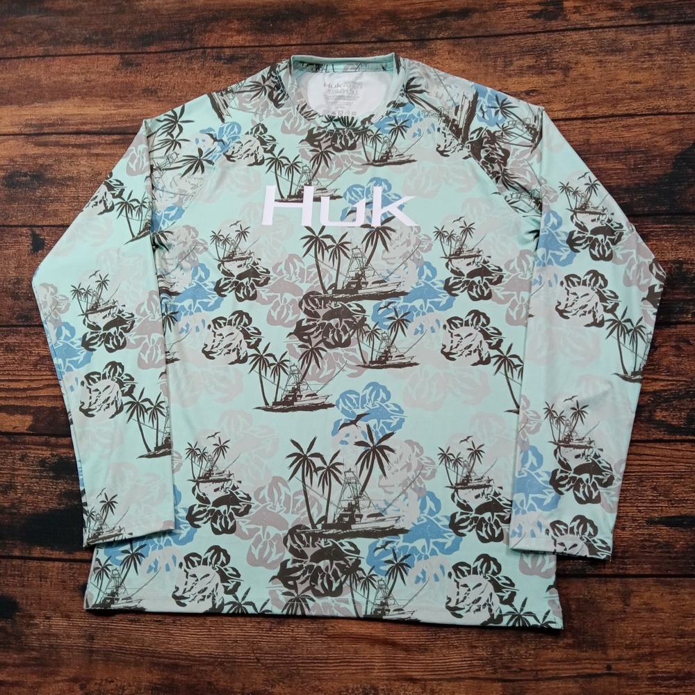 Huk Men's Long Sleeve Performance Stretch Hawaiian T-Shirt Small Greenish Blue